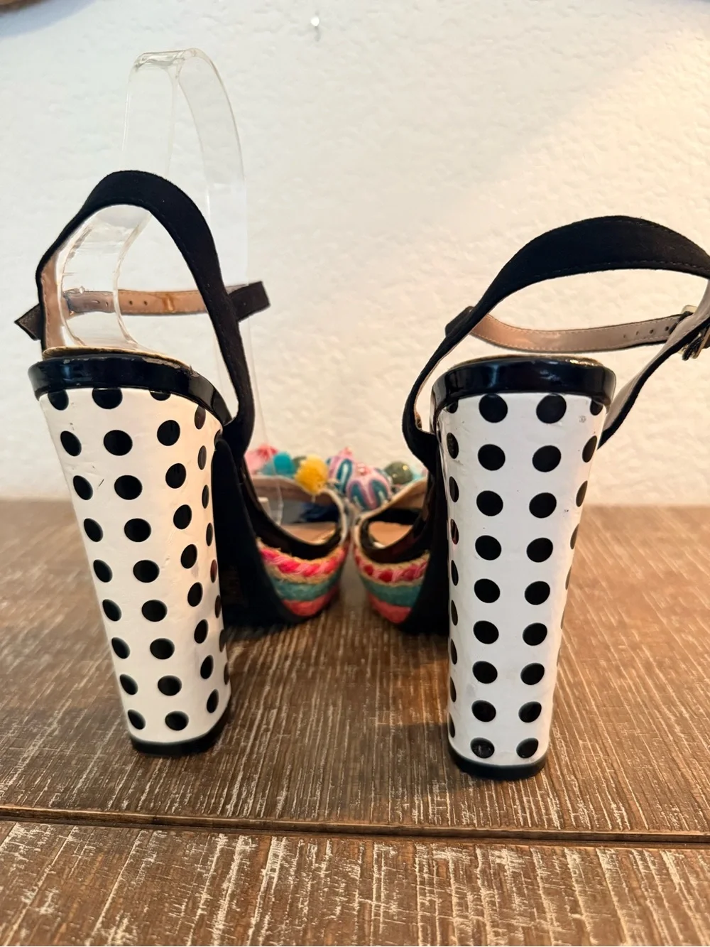 Betsey Johnson Multicolor Polka Dot Pom Pom Platform Espadrille Sandals Sz 6.5